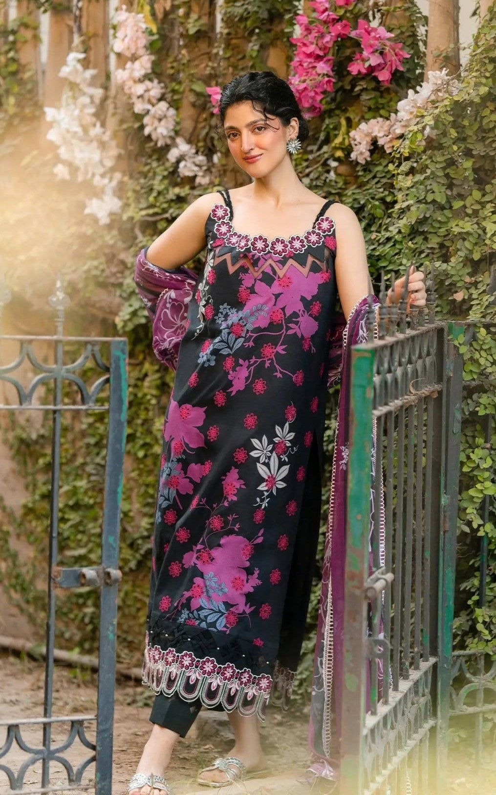 Pakistani Gulkaari by Asifa & Nabeel Unstitched Three-Piece - Midnight Onyx