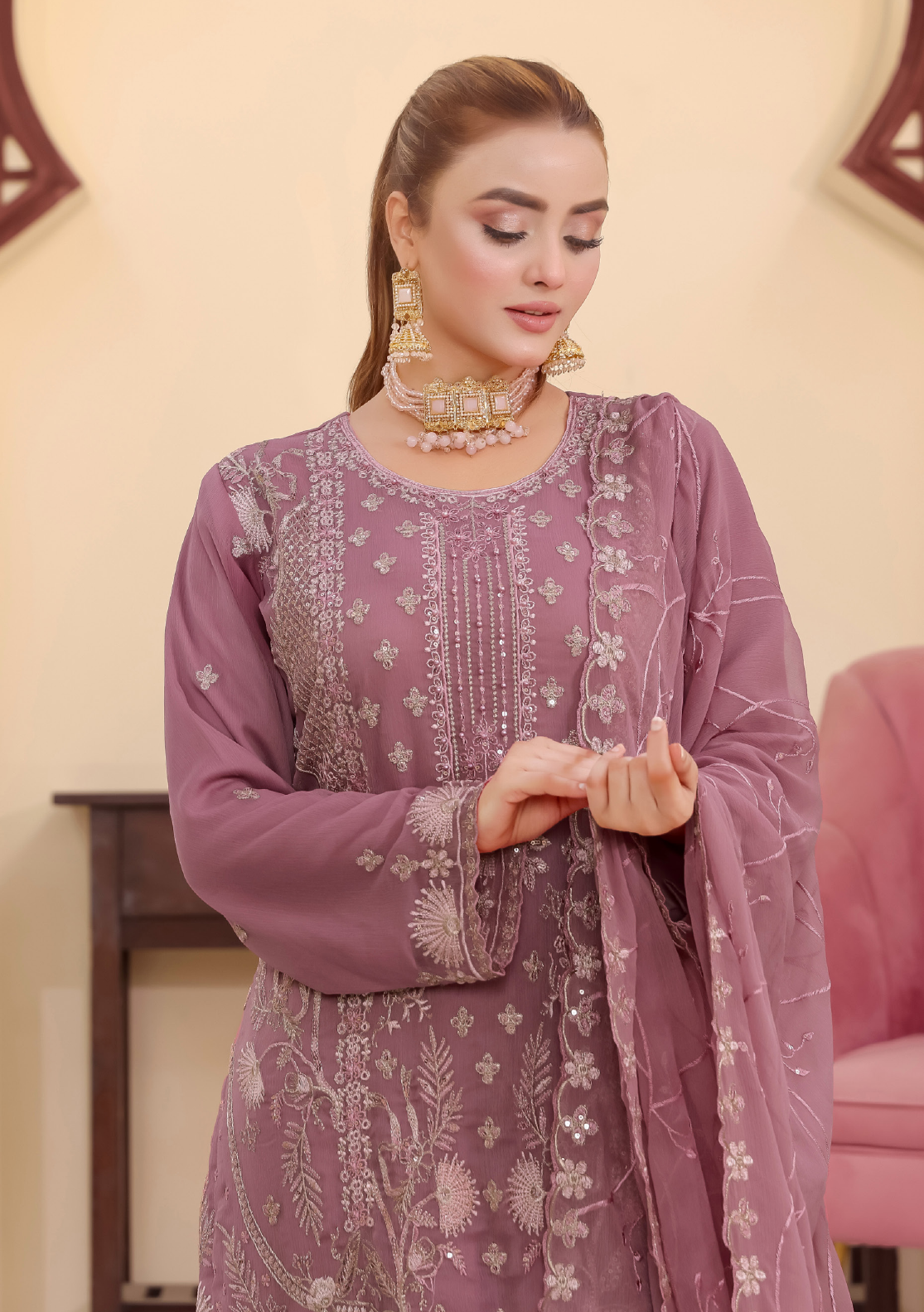 Pakistani Sabiha by Bin Hameed Luxury Embroidered Chiffon Unstitched Three Piece - Turkish Rose