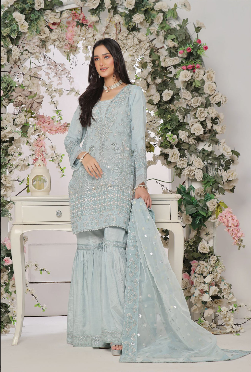 Pakistani Aroohi Unstitched Three Piece - Powder Blue Frost