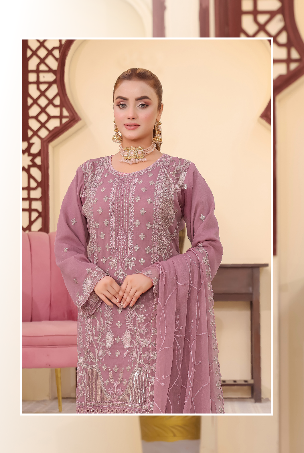 Pakistani Sabiha by Bin Hameed Luxury Embroidered Chiffon Unstitched Three Piece - Turkish Rose