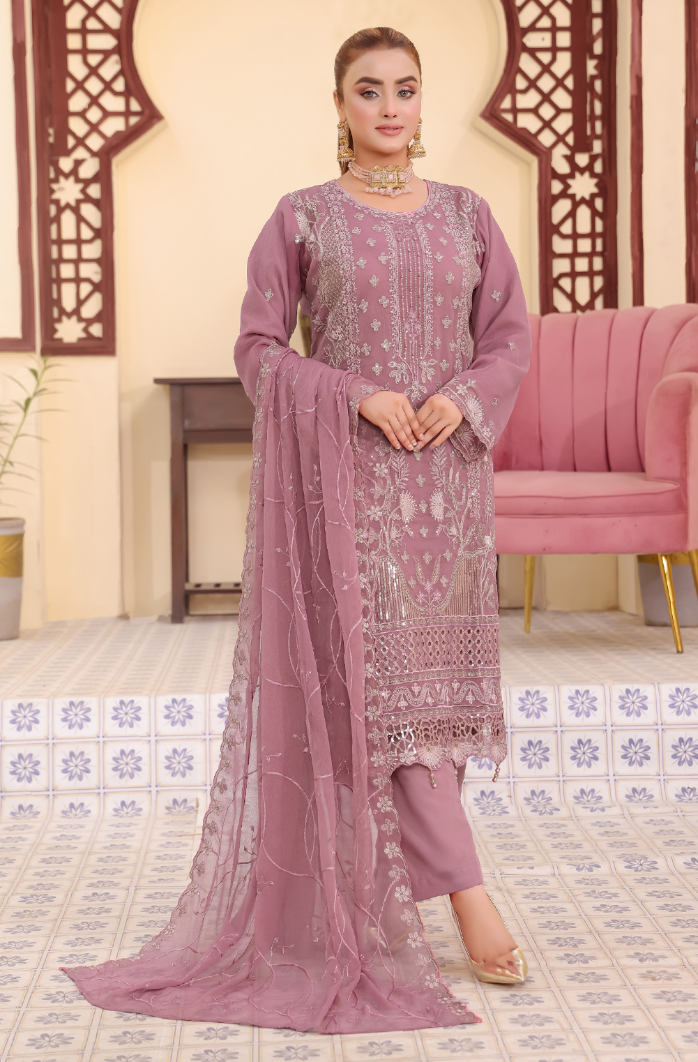 Pakistani Sabiha by Bin Hameed Luxury Embroidered Chiffon Unstitched Three Piece - Turkish Rose
