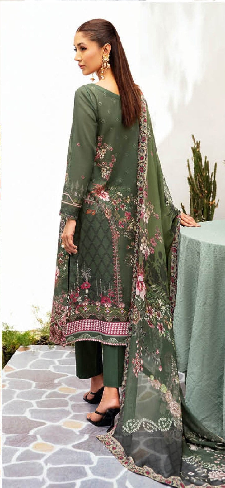 Pakistani Ramsha Mashaal Embroidered Unstitched Three-Piece - Forest Garnet