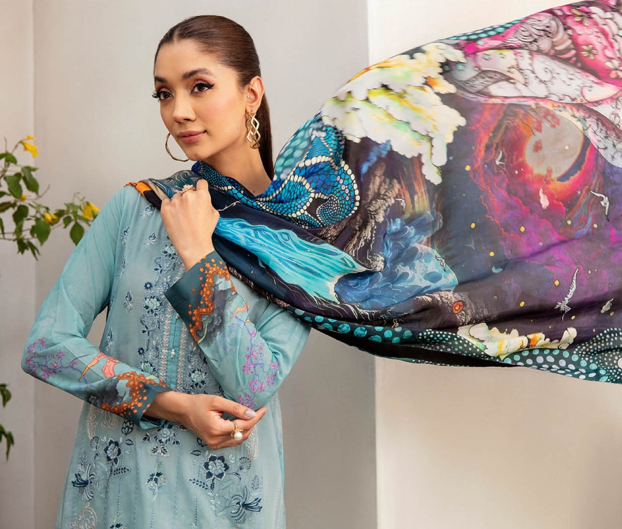 Pakistani Ramsha Mashaal Embroidered Unstitched Three-Piece - Azure Lagoon