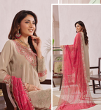 Pakistani Bin Hammeed Nimra Embroidered Chiffon Unstitched Three Piece – Royal Beige