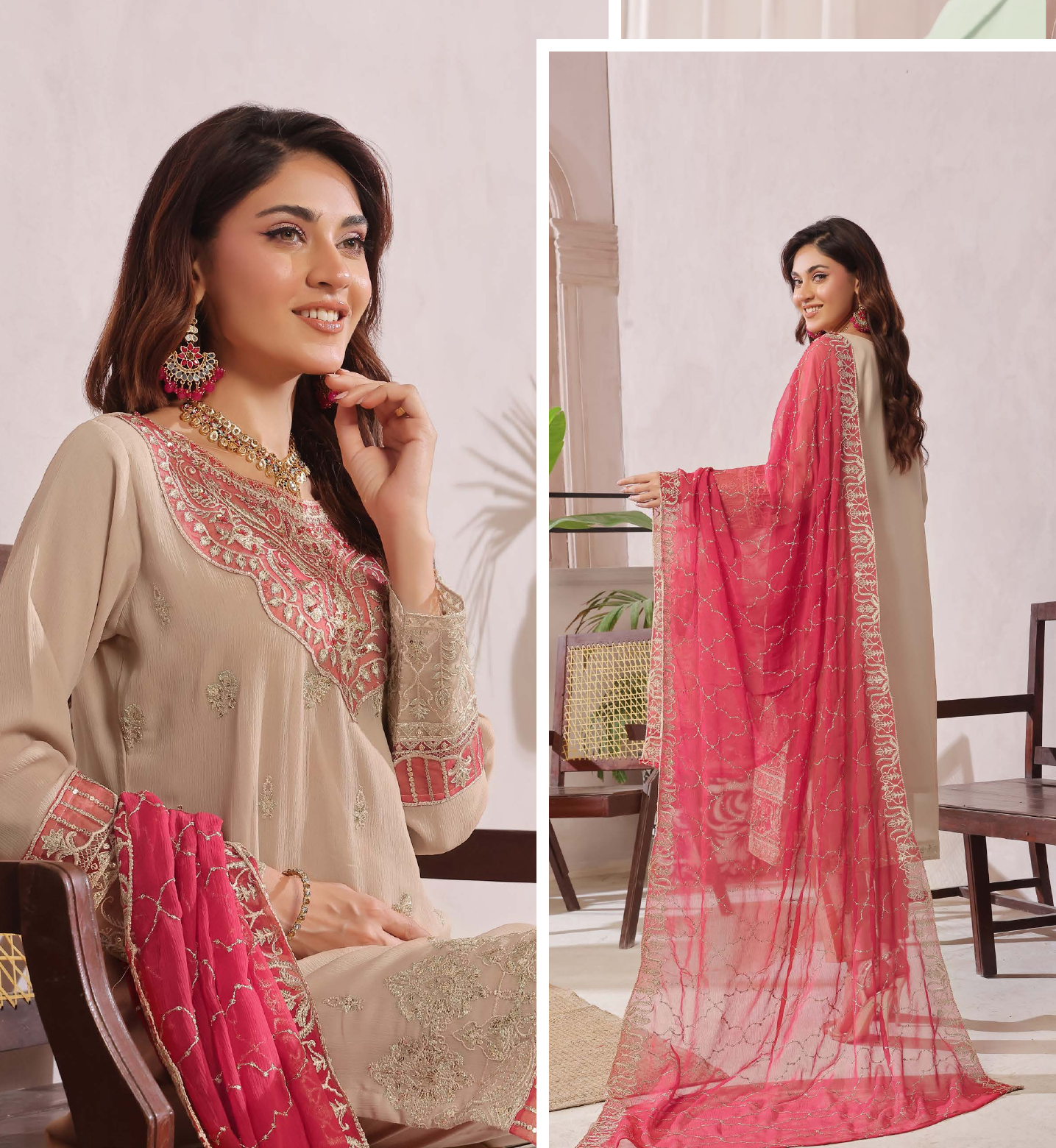 Pakistani Bin Hammeed Nimra Embroidered Chiffon Unstitched Three Piece – Royal Beige