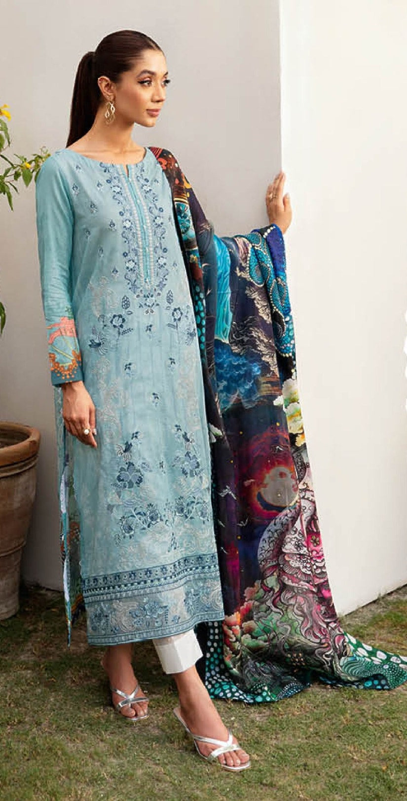Pakistani Ramsha Mashaal Embroidered Unstitched Three-Piece - Azure Lagoon