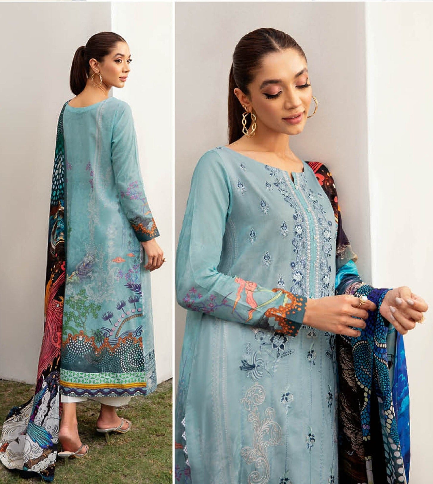 Pakistani Ramsha Mashaal Embroidered Unstitched Three-Piece - Azure Lagoon