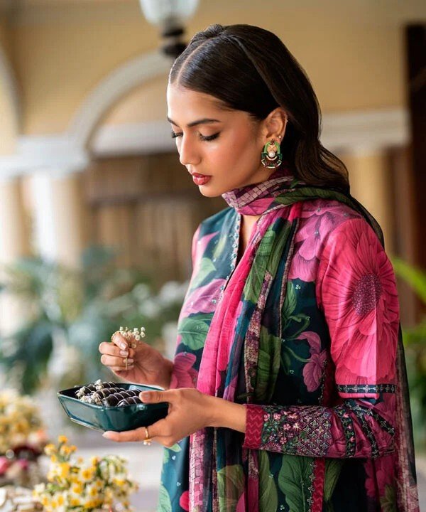 Pakistani Sapphire Floral Printed Embroidered Lawn Unstitched Three-Piece - Emerald Bloom