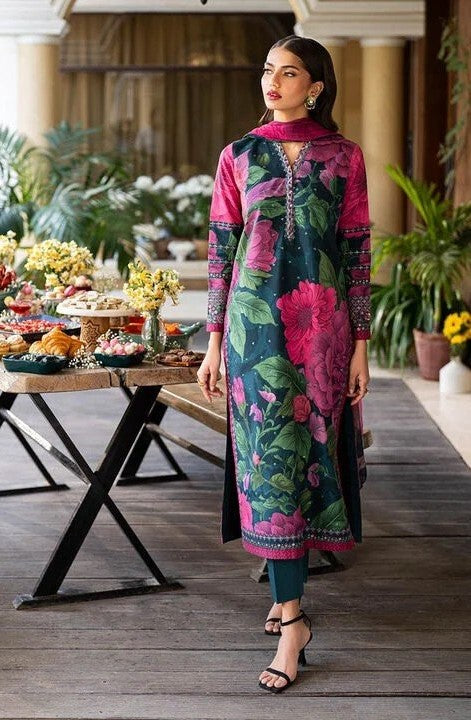 Pakistani Sapphire Floral Printed Embroidered Lawn Unstitched Three-Piece - Emerald Bloom