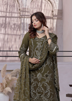 Pakistani Bin Khalid Dastaan Exclusive Chiffon Unstitched Three Piece – Olive Majesty