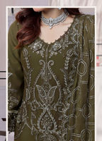 Pakistani Bin Khalid Dastaan Exclusive Chiffon Unstitched Three Piece – Olive Majesty