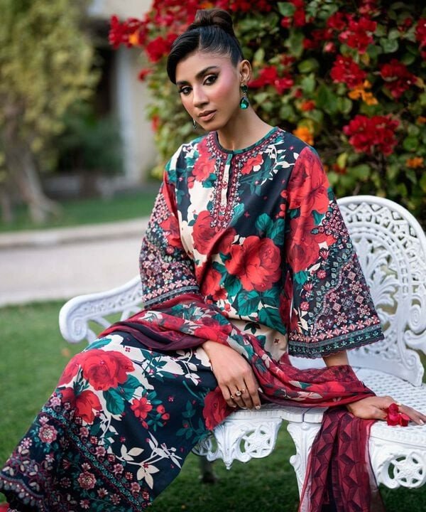 Pakistani Sapphire Floral Printed Embroidered Lawn Unstitched Three-Piece - Crimson Noir