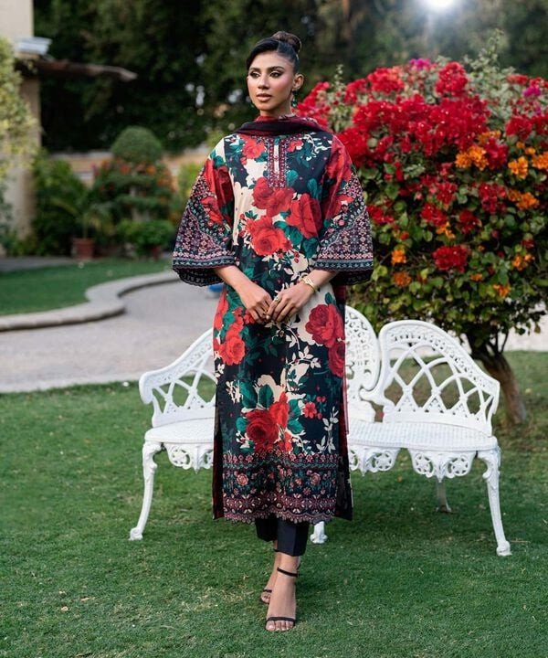 Pakistani Sapphire Floral Printed Embroidered Lawn Unstitched Three-Piece - Crimson Noir