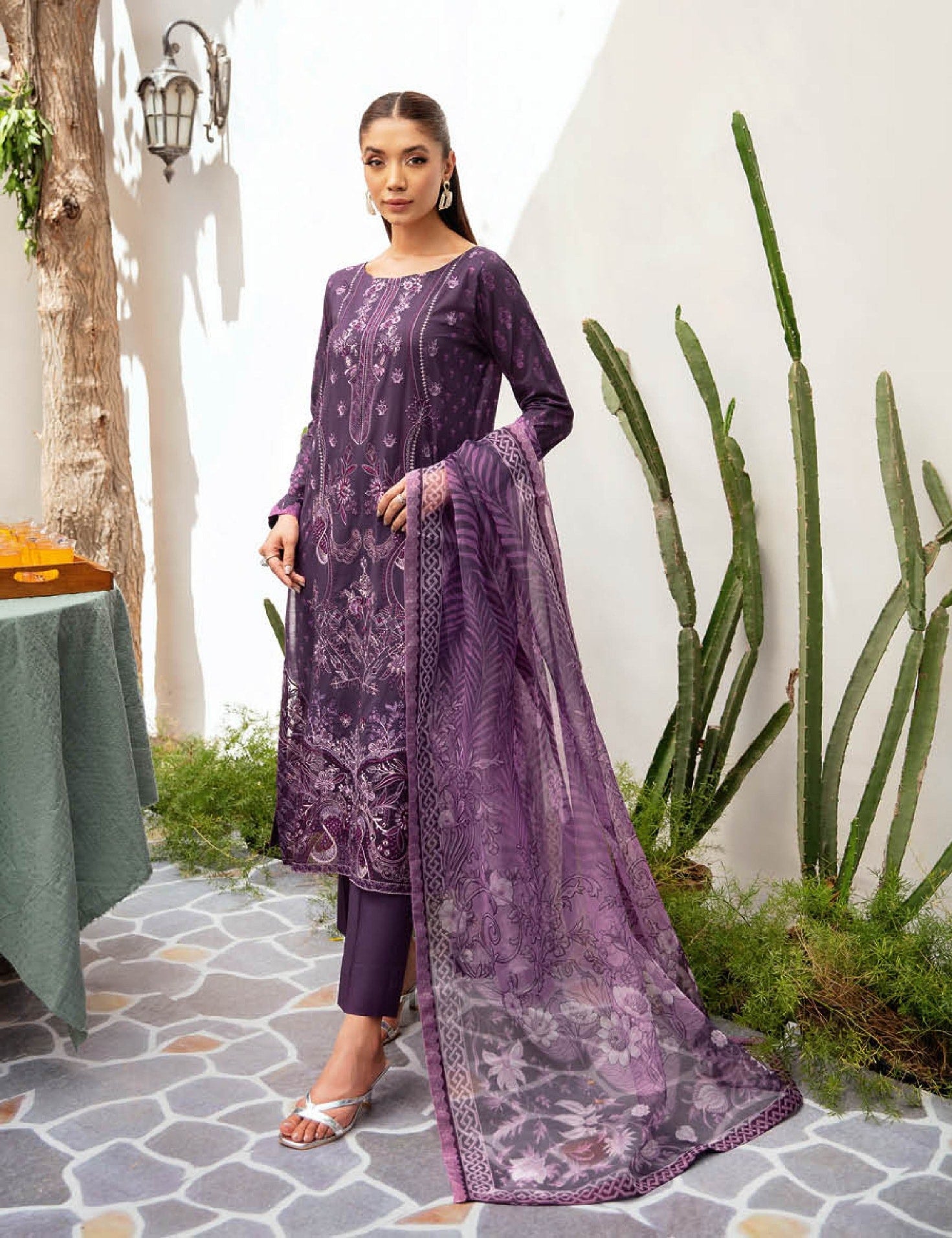 Pakistani Ramsha Mashaal Embroidered Unstitched Three-Piece - Midnight Violet