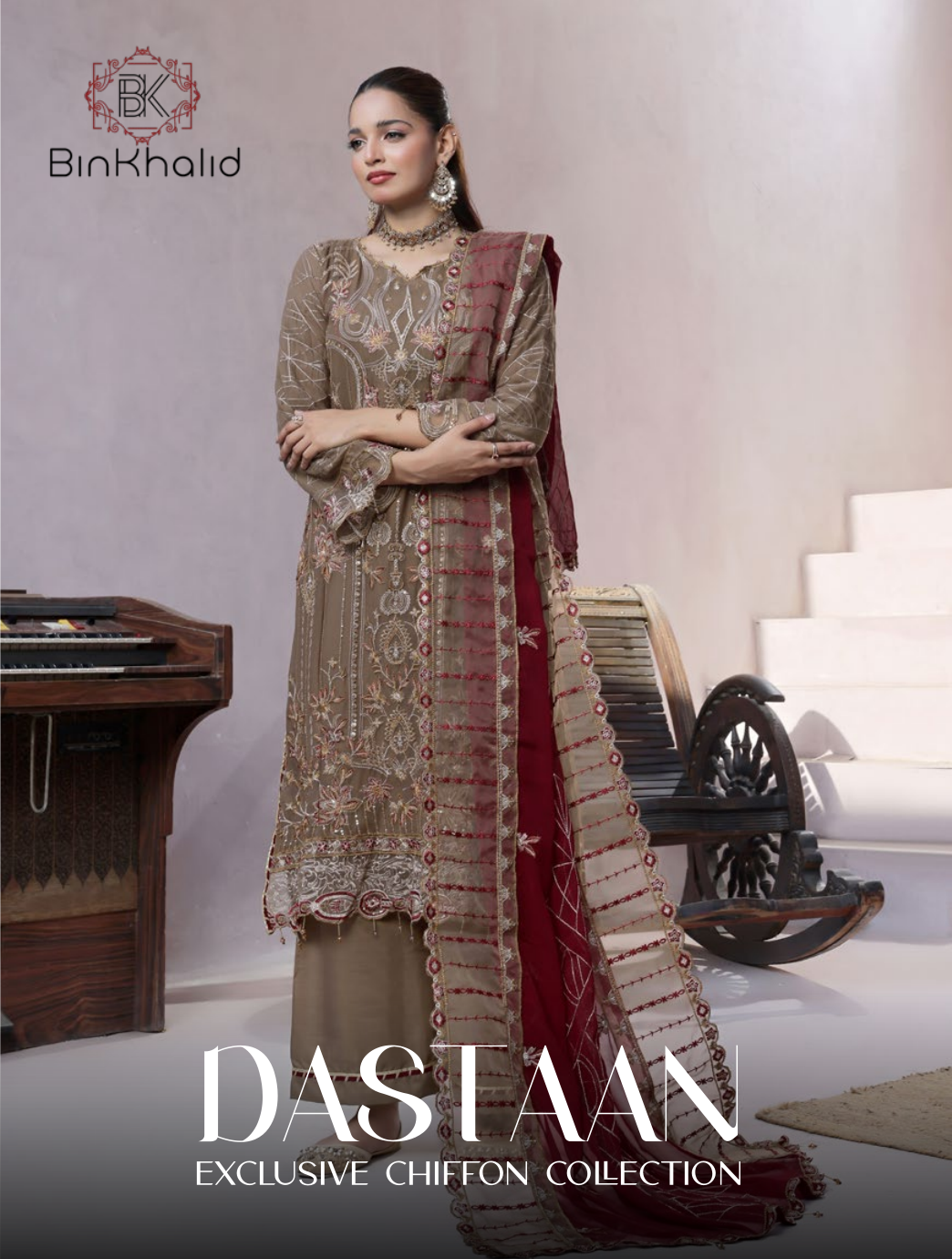Pakistani Bin Khalid Dastaan Exclusive Chiffon Unstitched Three Piece – Royal Mocha