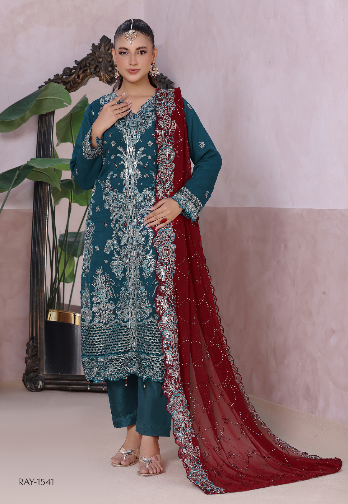 Pakistani Mahjabeen By Bin Hameed Shifoon Semi-Stitched Three Piece – Deep Teal & Maroon