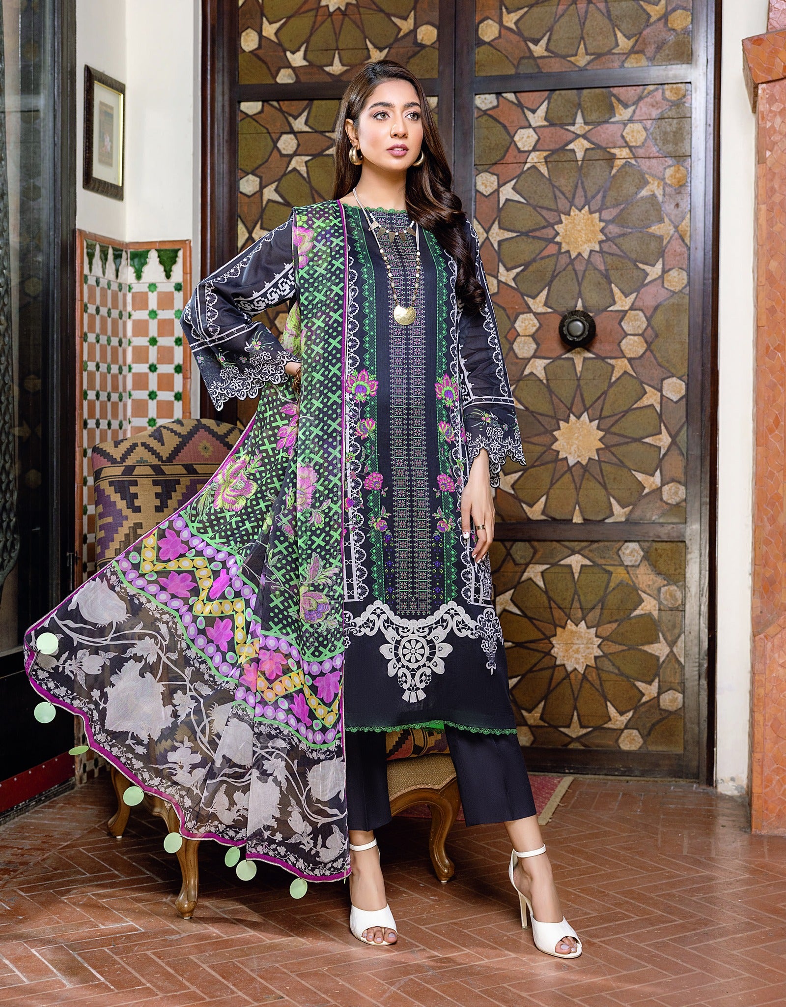 Pakistani Quas by Charizma C-Prints Unstitched Three Piece – Emerald Onyx