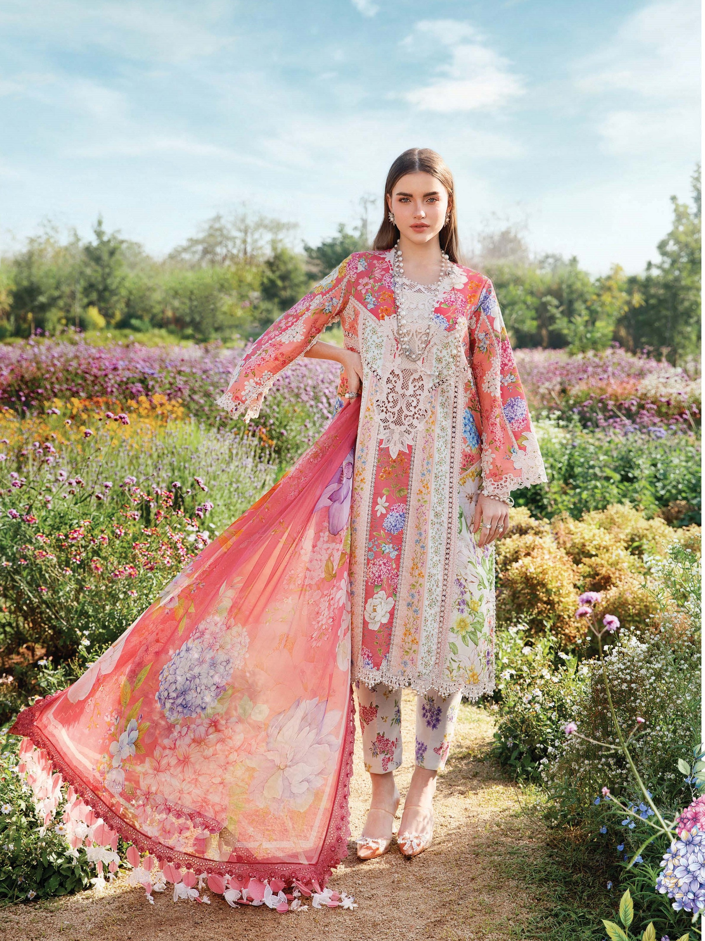 Pakistani Maria B. M-Print Luxury Lawn Unstitched Three-Piece - Floral Tapestry