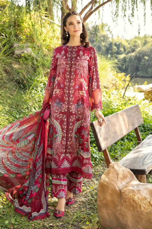Pakistani Maria B. M-Print Luxury Lawn Unstitched Three-Piece - Berry Crimson
