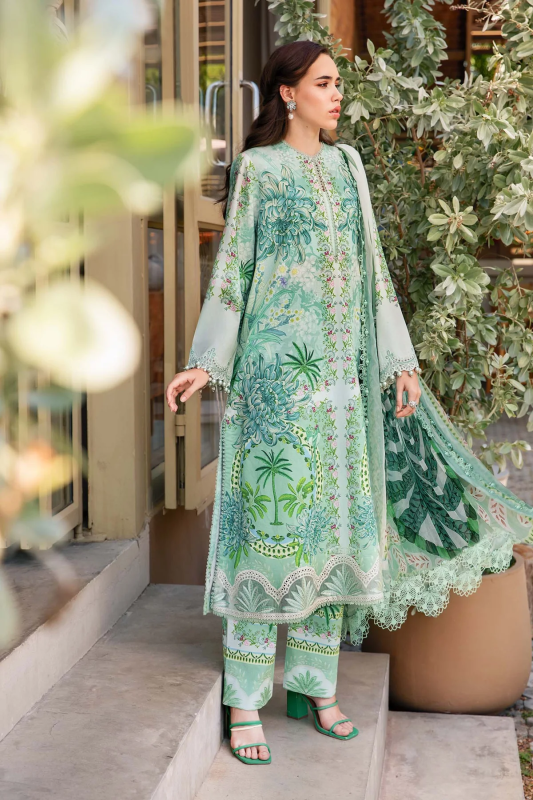 Pakistani Maria B. M-Print Luxury Lawn Unstitched Three-Piece - Mint Chrysanthemum