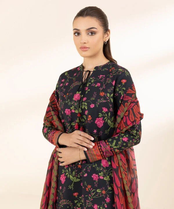Pakistani Sapphire Floral Printed Embroidered Lawn Unstitched Three-Piece - Azure Meadow