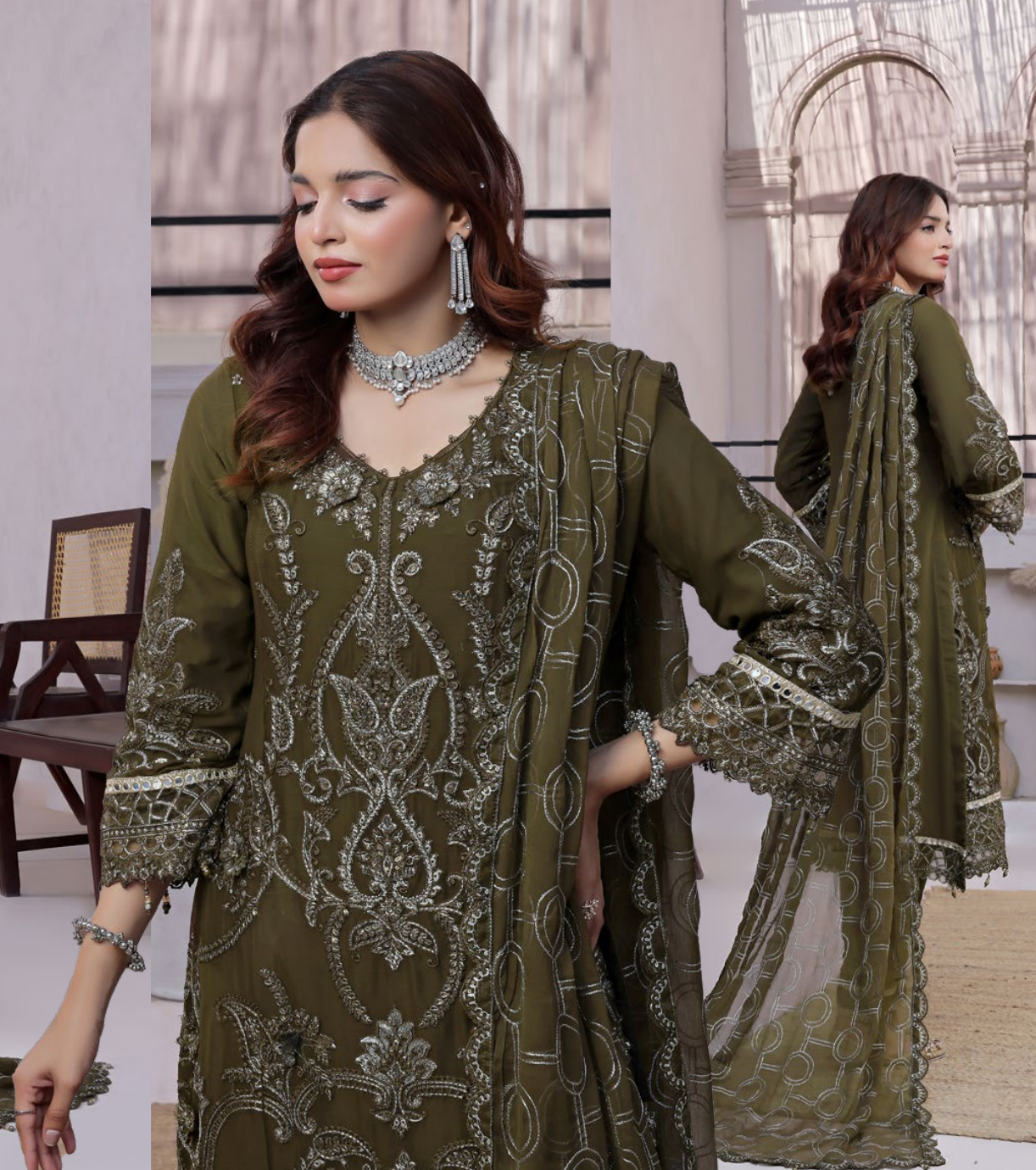 Pakistani Bin Khalid Dastaan Exclusive Chiffon Unstitched Three Piece – Olive Majesty