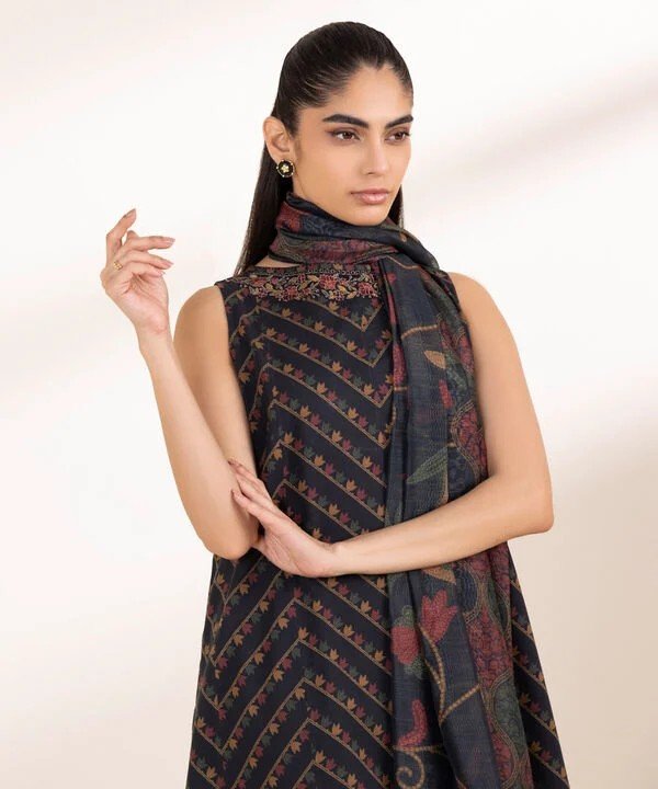 Pakistani Sapphire Floral Printed Embroidered Lawn Unstitched Three-Piece - Midnight Chevron