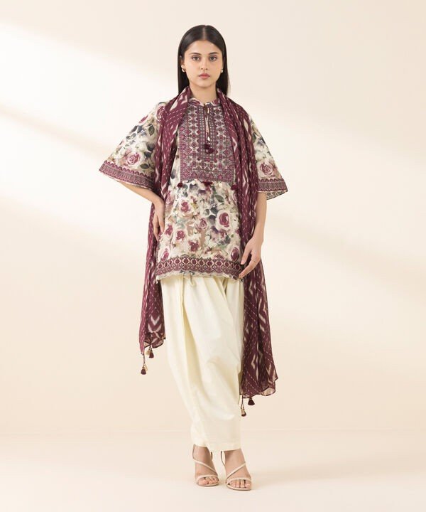 Pakistani Sapphire Floral Printed Embroidered Lawn Unstitched Three-Piece - Plum Vineyard