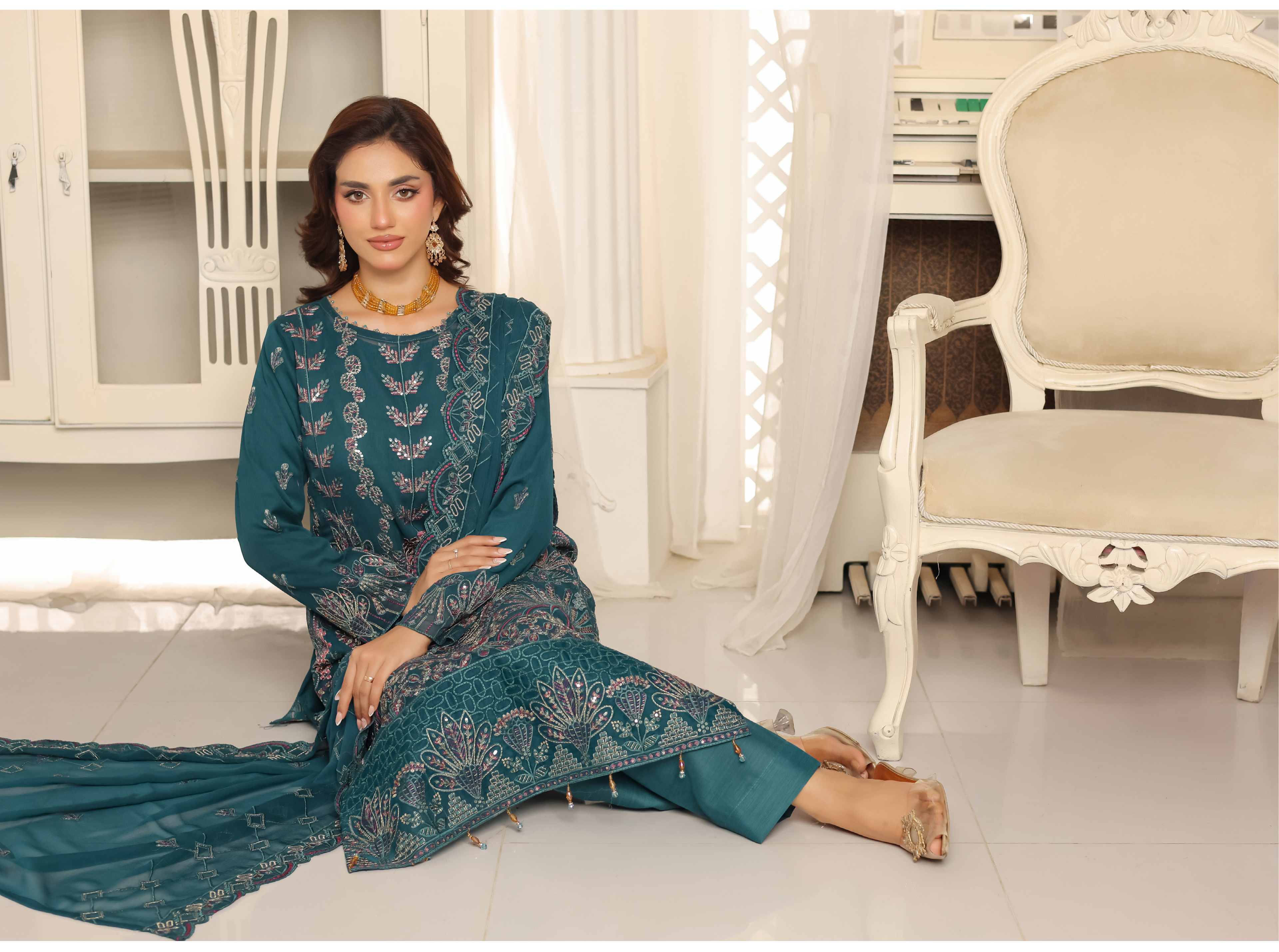 Pakistani Rashmika Bin Hameed Unstitch Three Piece - Emerald Teal