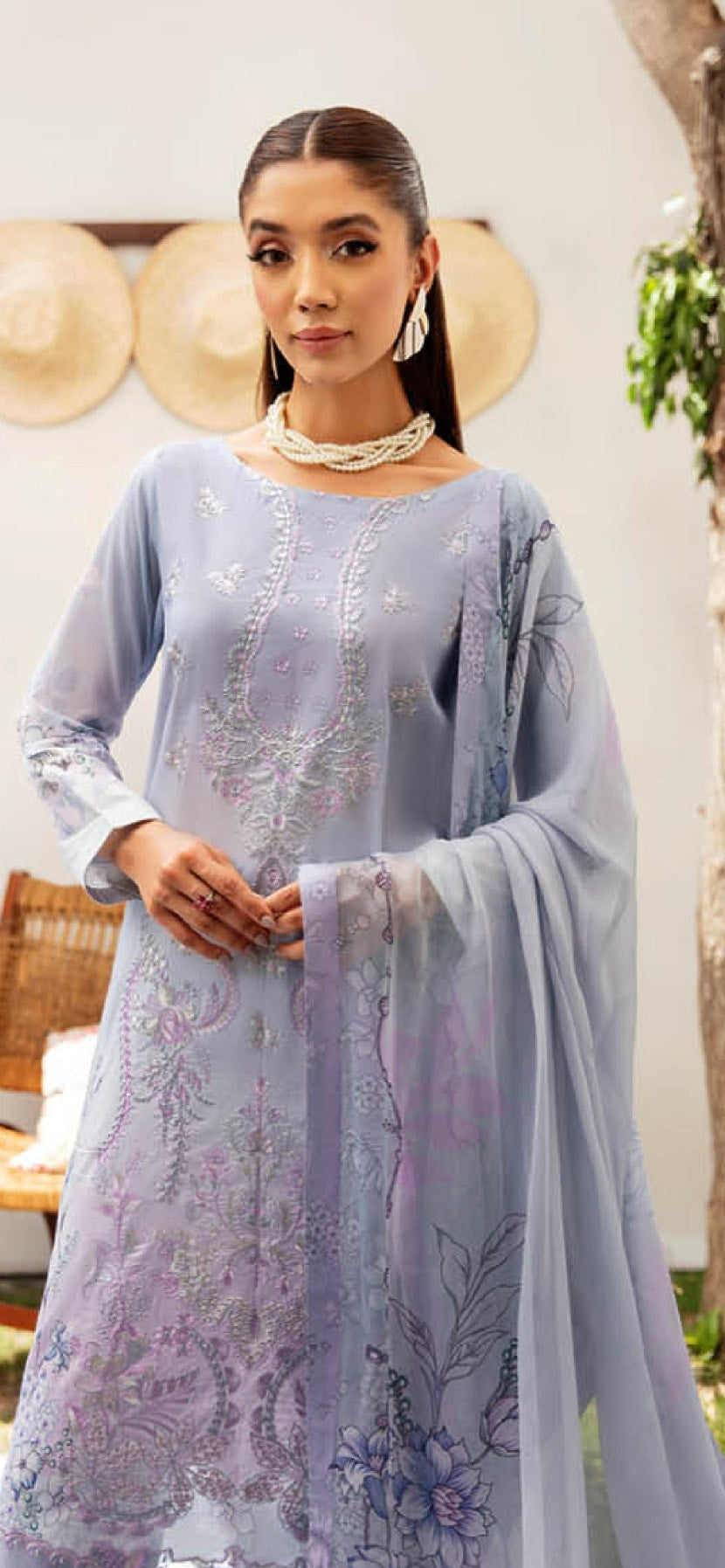 Pakistani Ramsha Mashaal Embroidered Unstitched Three-Piece - Lavender Frost