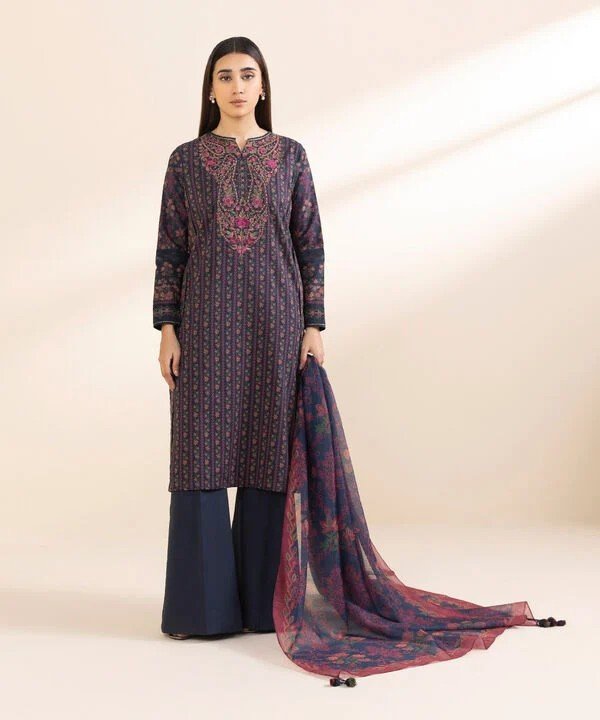 Pakistani Sapphire Floral Printed Embroidered Lawn Unstitched Three-Piece - Indigo Stripe