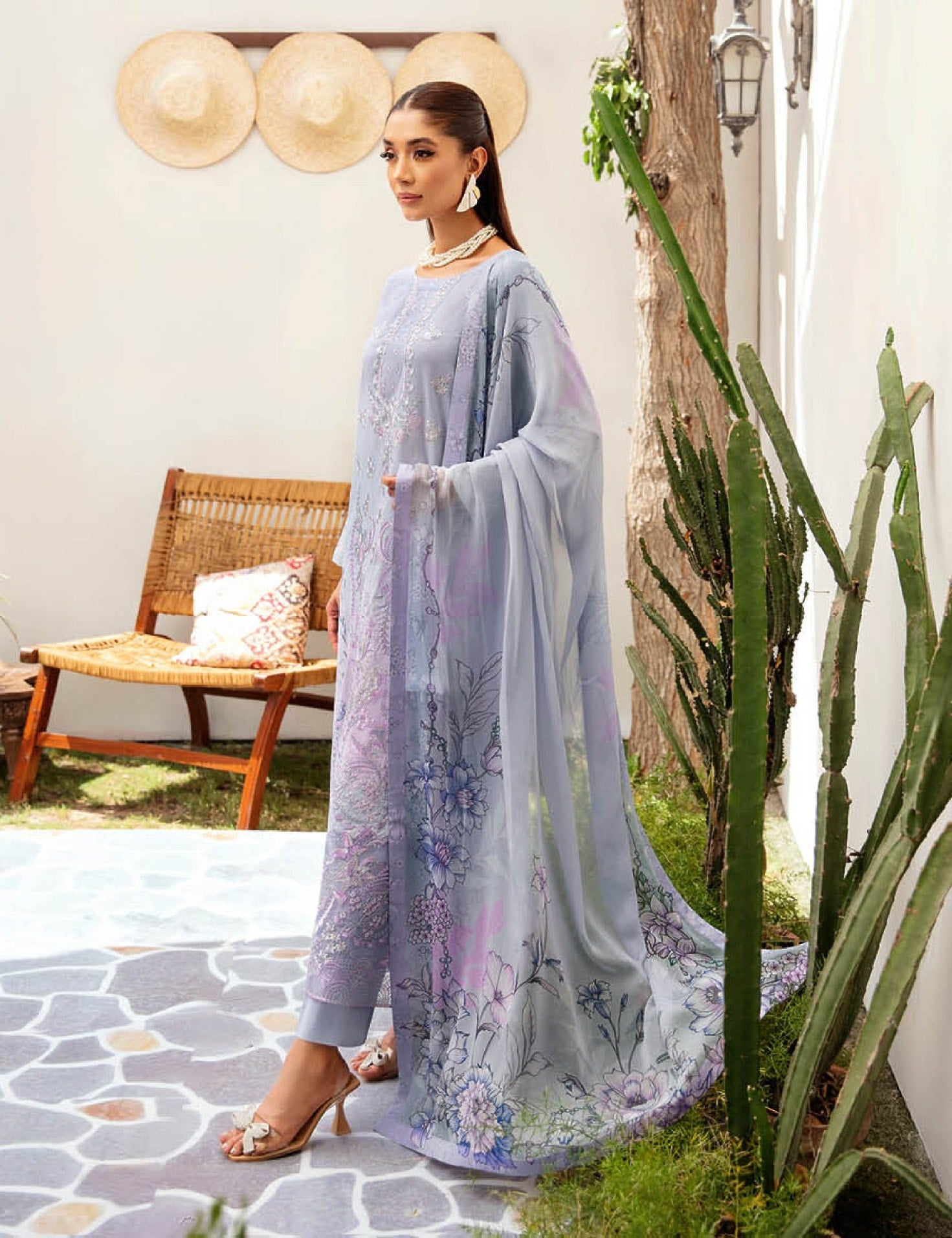 Pakistani Ramsha Mashaal Embroidered Unstitched Three-Piece - Lavender Frost