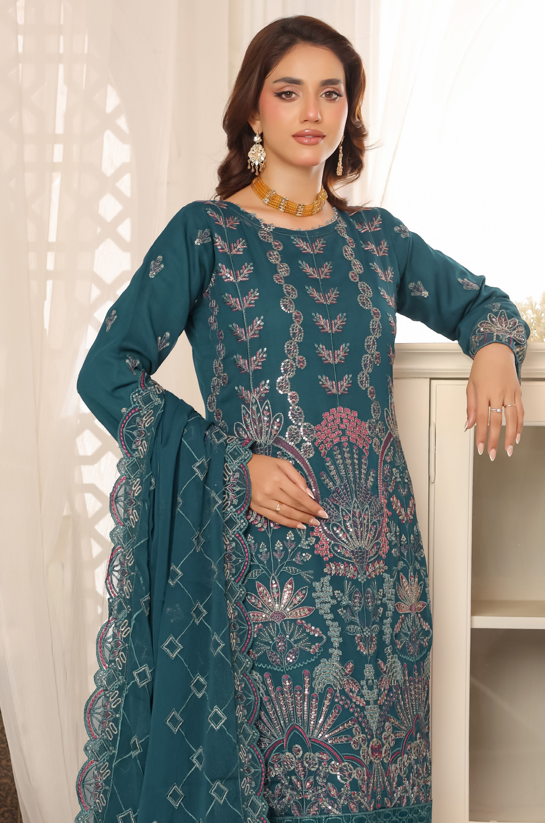 Pakistani Rashmika Bin Hameed Unstitch Three Piece - Emerald Teal