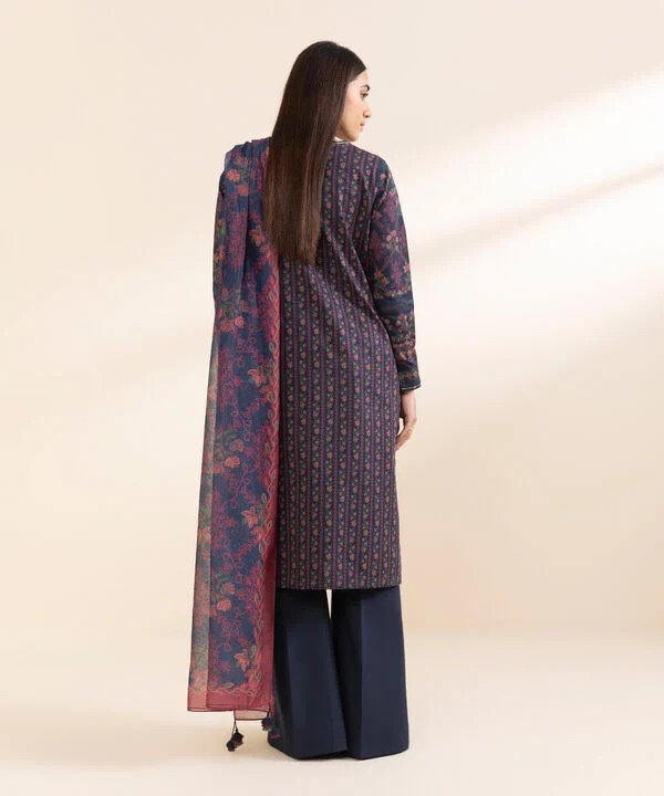 Pakistani Sapphire Floral Printed Embroidered Lawn Unstitched Three-Piece - Indigo Stripe