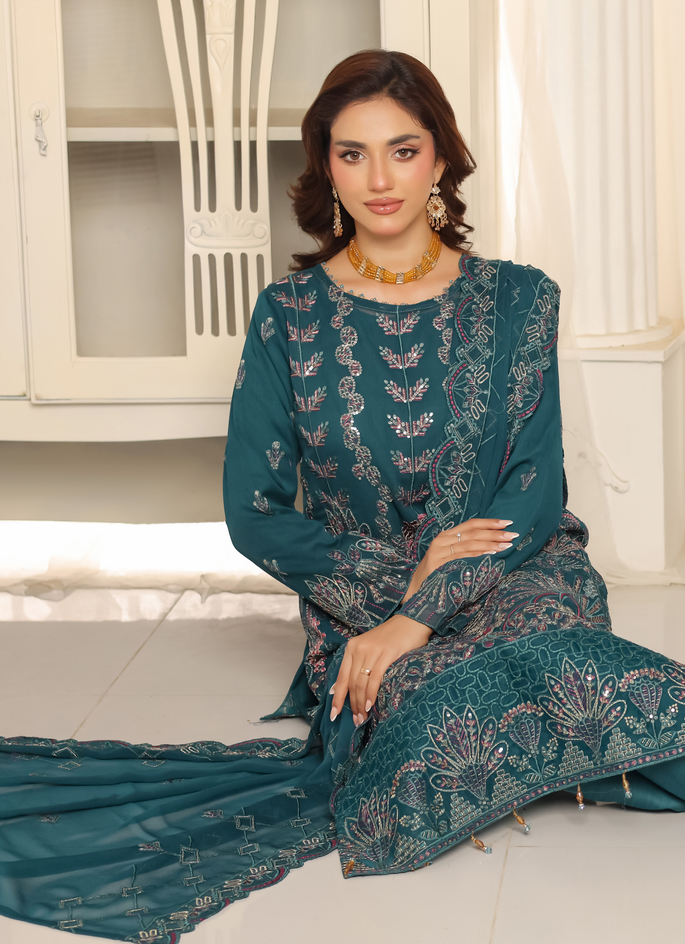 Pakistani Rashmika Bin Hameed Unstitch Three Piece - Emerald Teal