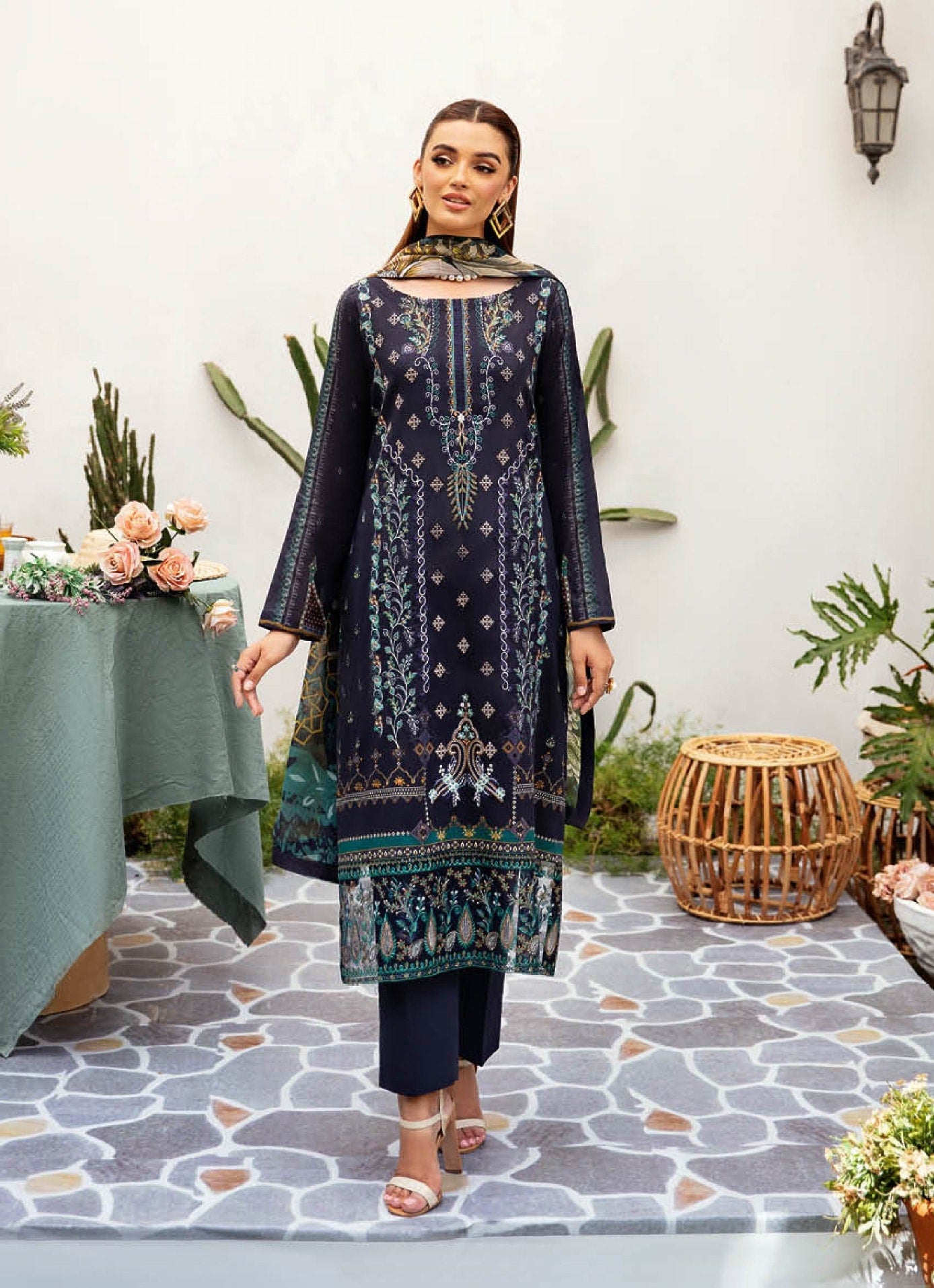 Pakistani Ramsha Mashaal Embroidered Unstitched Three-Piece - Obsidian Night