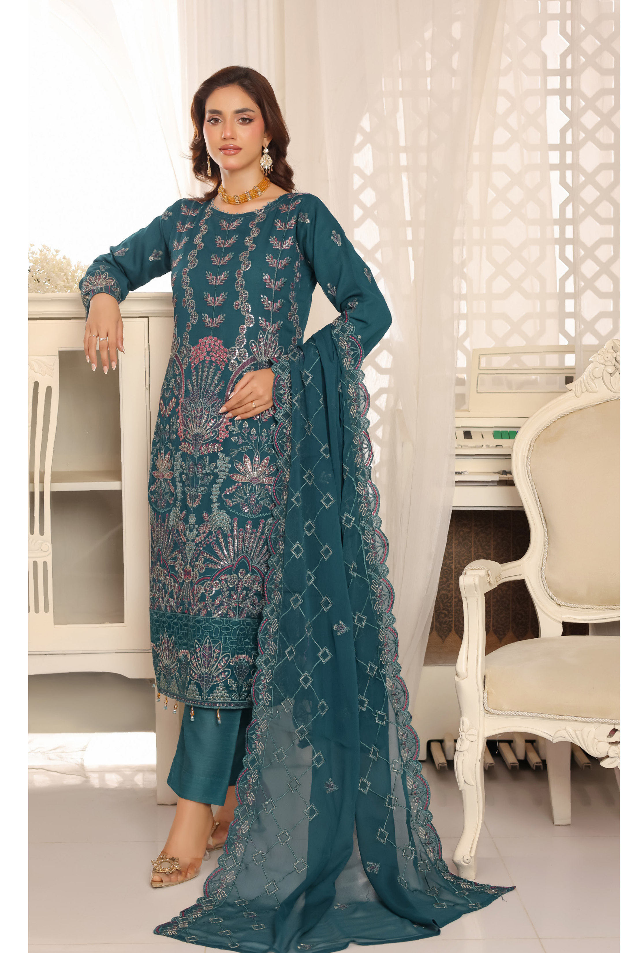 Pakistani Rashmika Bin Hameed Unstitch Three Piece - Emerald Teal