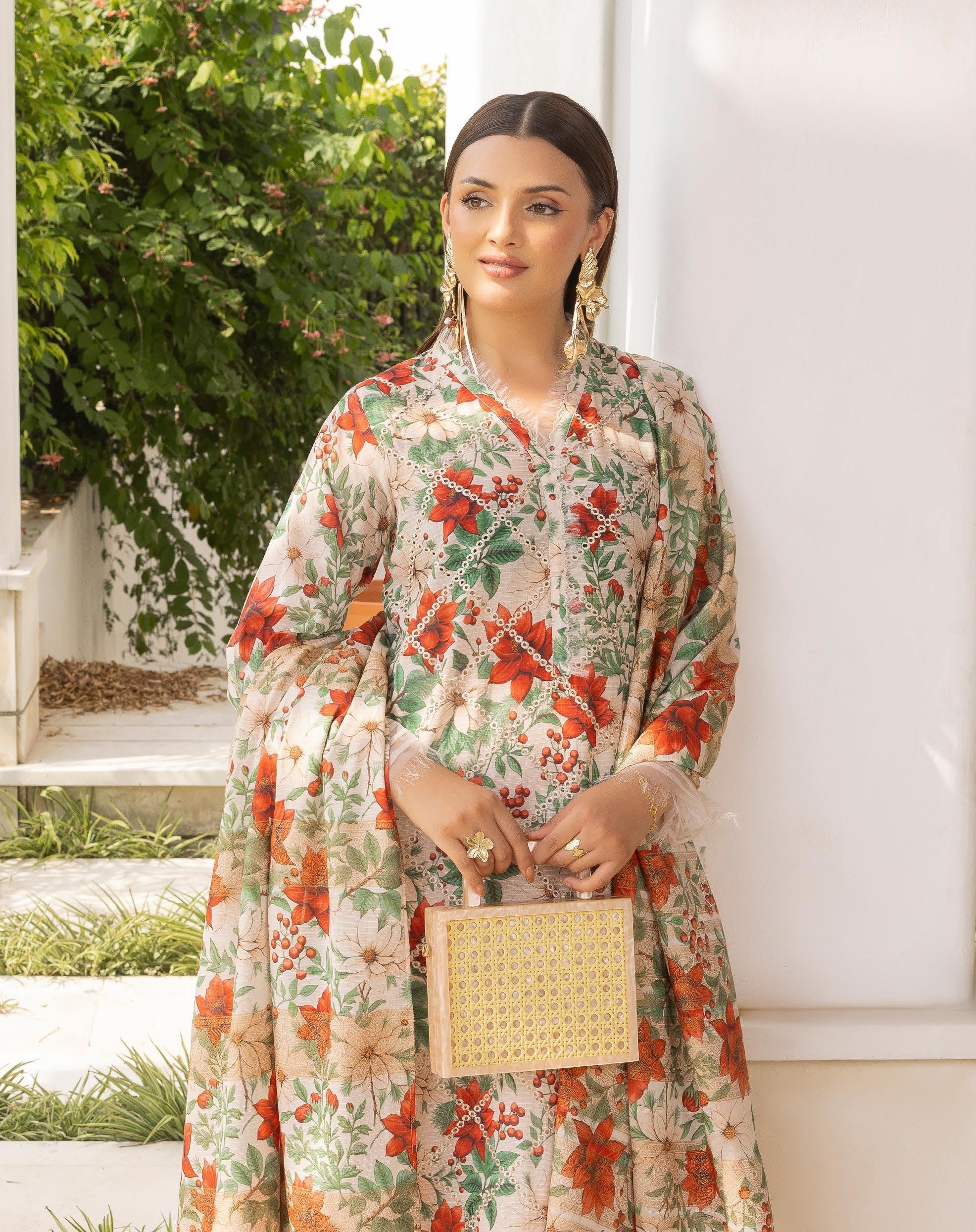 Pakistani Fareena By GullJee Boring Embroidery Unstitched Three Piece - Floral Cream