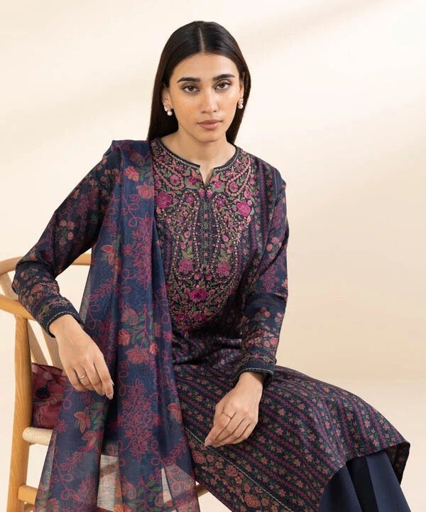Pakistani Sapphire Floral Printed Embroidered Lawn Unstitched Three-Piece - Indigo Stripe