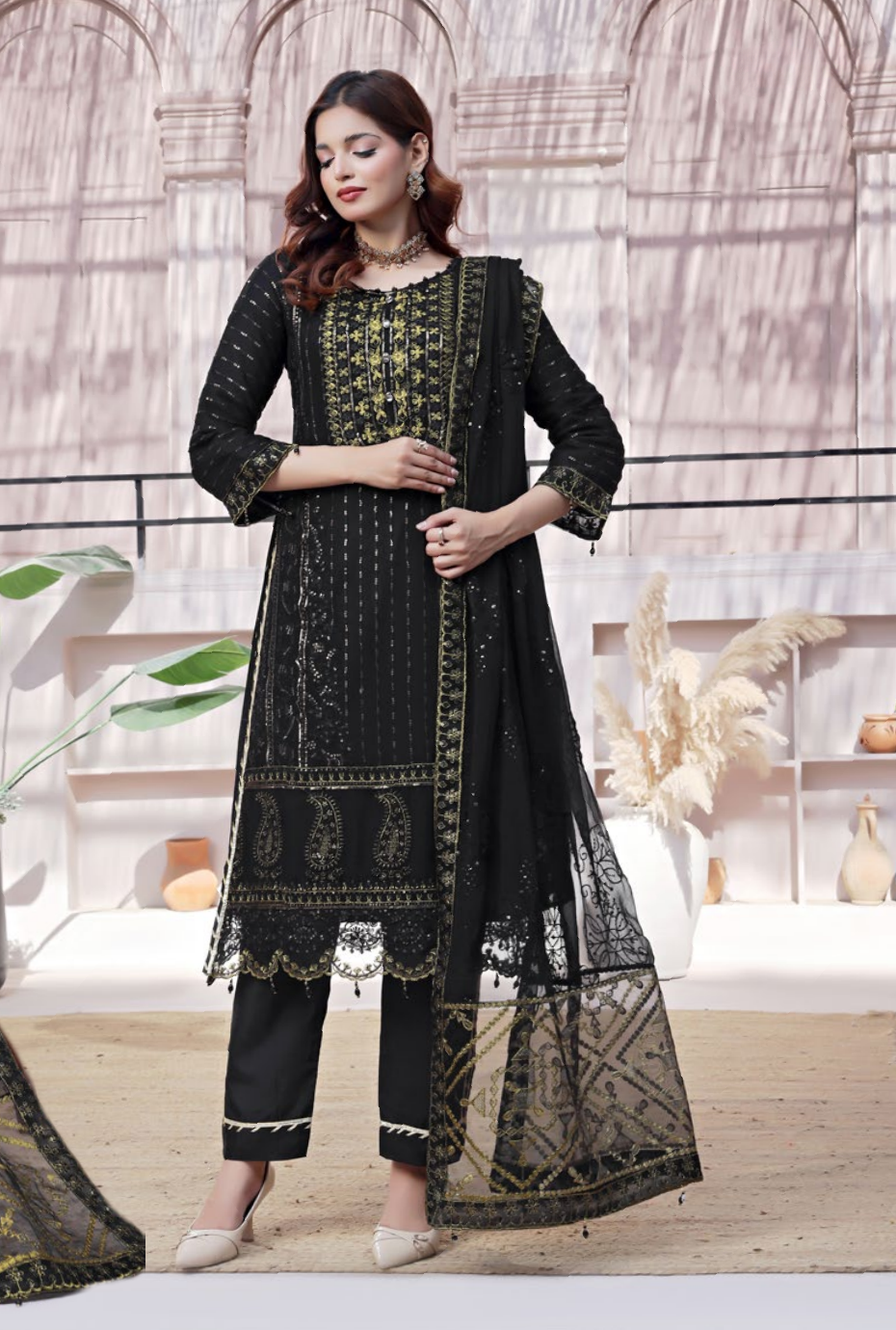 Pakistani Bin Khalid Dastaan Exclusive Chiffon Unstitched Three Piece – Onyx Gold