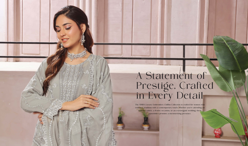 Pakistani Bin Hammeed Nimra Embroidered Chiffon Unstitched Three Piece – Slate Grace