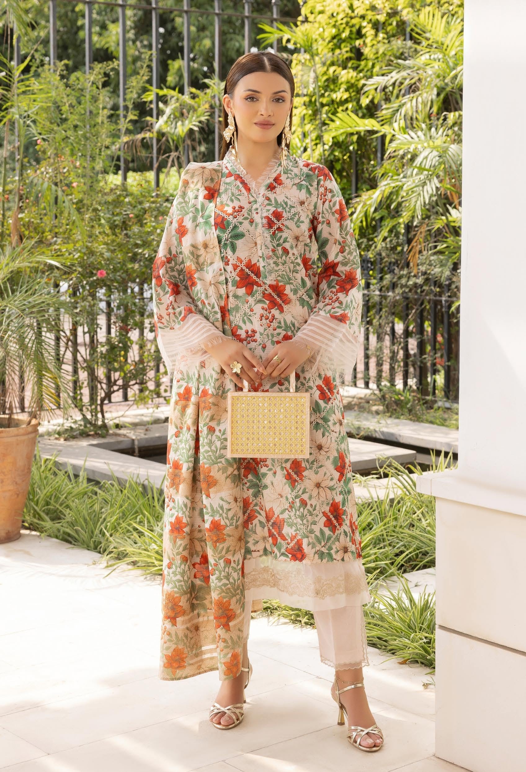 Pakistani Fareena By GullJee Boring Embroidery Unstitched Three Piece - Floral Cream