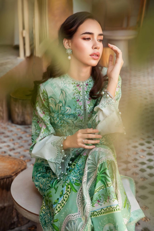 Pakistani Maria B. M-Print Luxury Lawn Unstitched Three-Piece - Mint Chrysanthemum