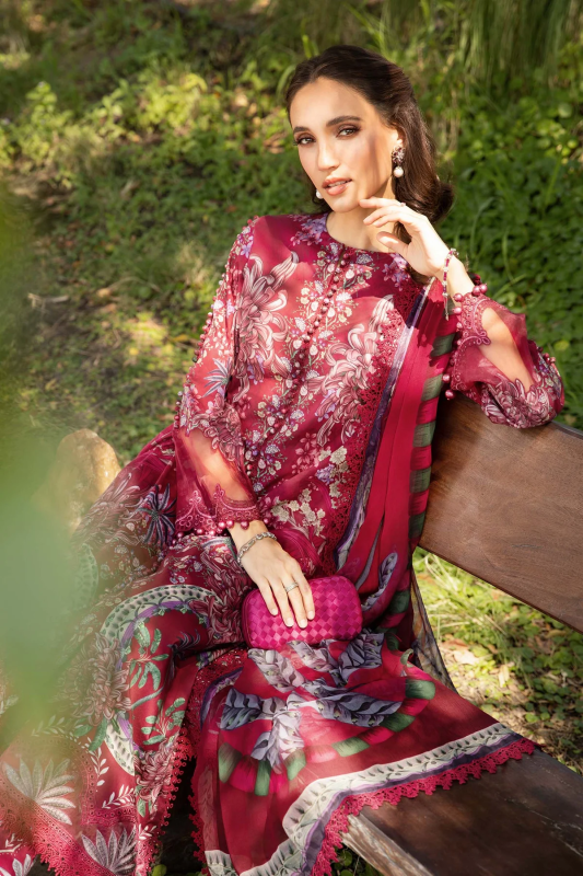 Pakistani Maria B. M-Print Luxury Lawn Unstitched Three-Piece - Berry Crimson