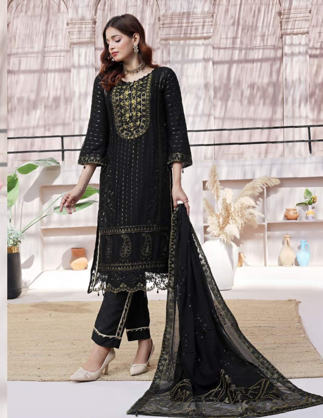 Pakistani Bin Khalid Dastaan Exclusive Chiffon Unstitched Three Piece – Onyx Gold