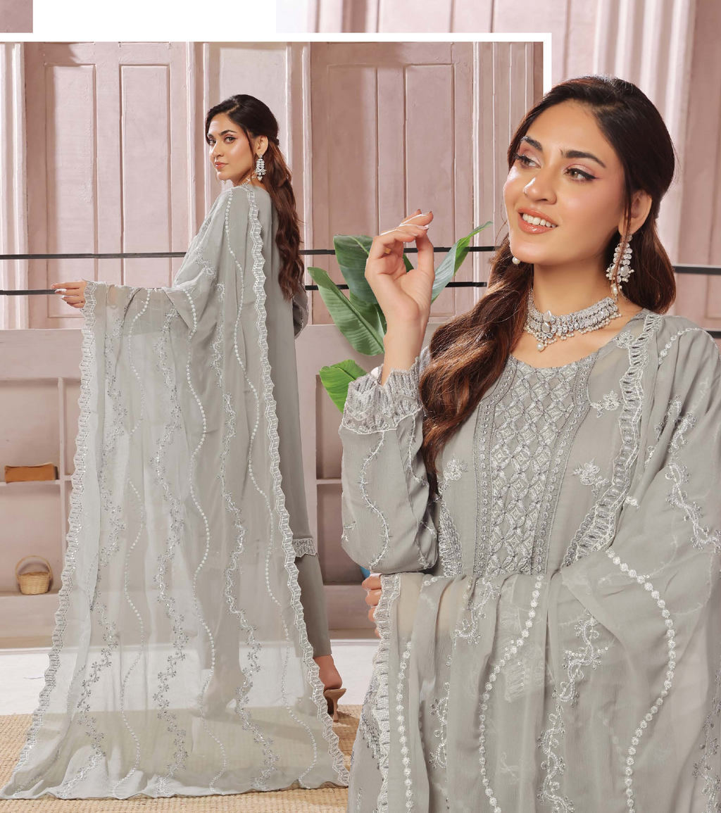 Pakistani Bin Hammeed Nimra Embroidered Chiffon Unstitched Three Piece – Slate Grace