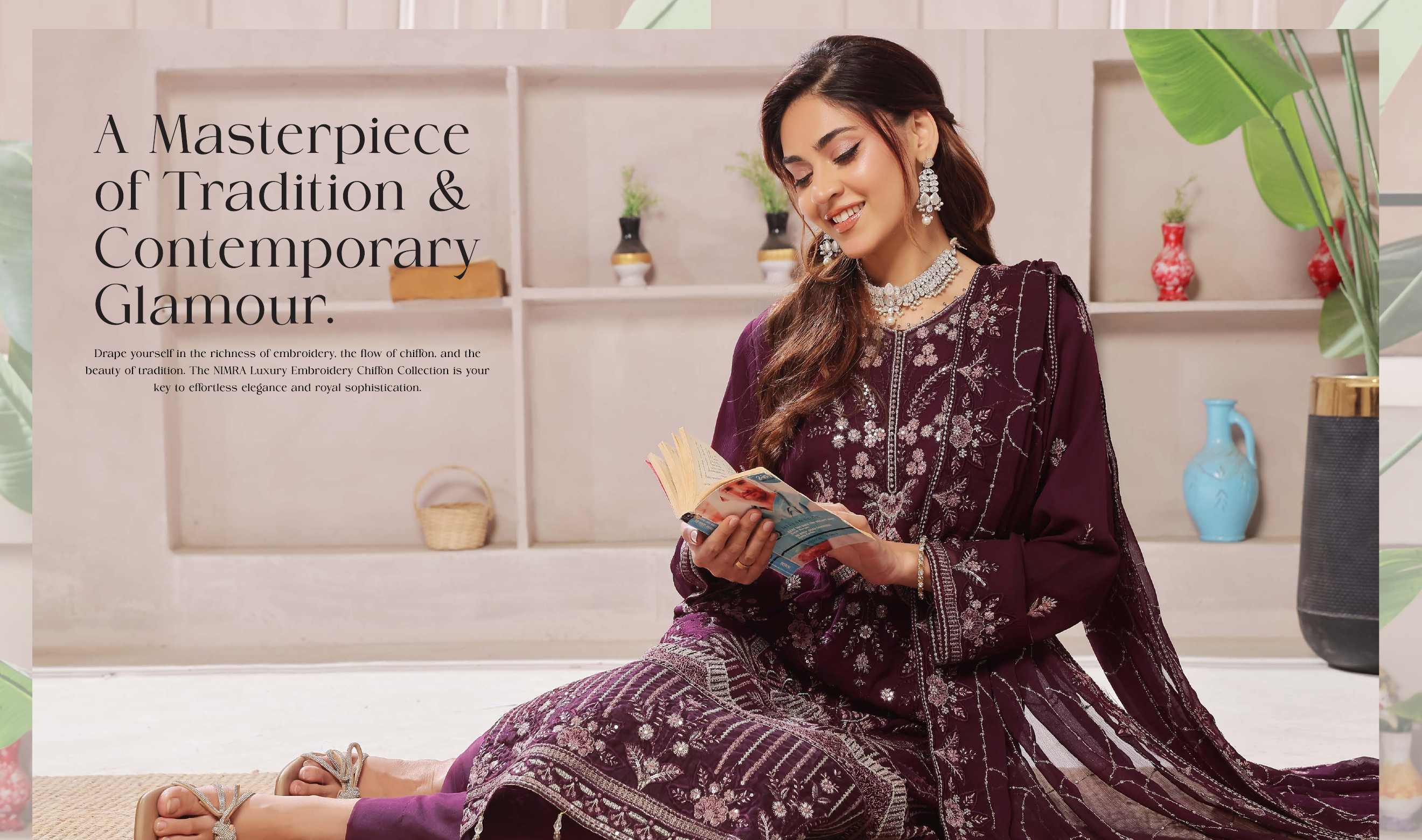 Pakistani Bin Hammeed Nimra Embroidered Chiffon Unstitched Three Piece – Royal Plum