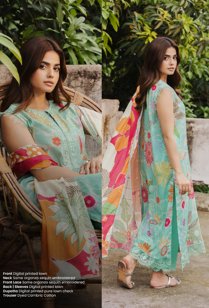 Pakistani Gullbano by Gulljee Digital Printed Embroidered Lawn Unstitched Three Piece - Vista Blue