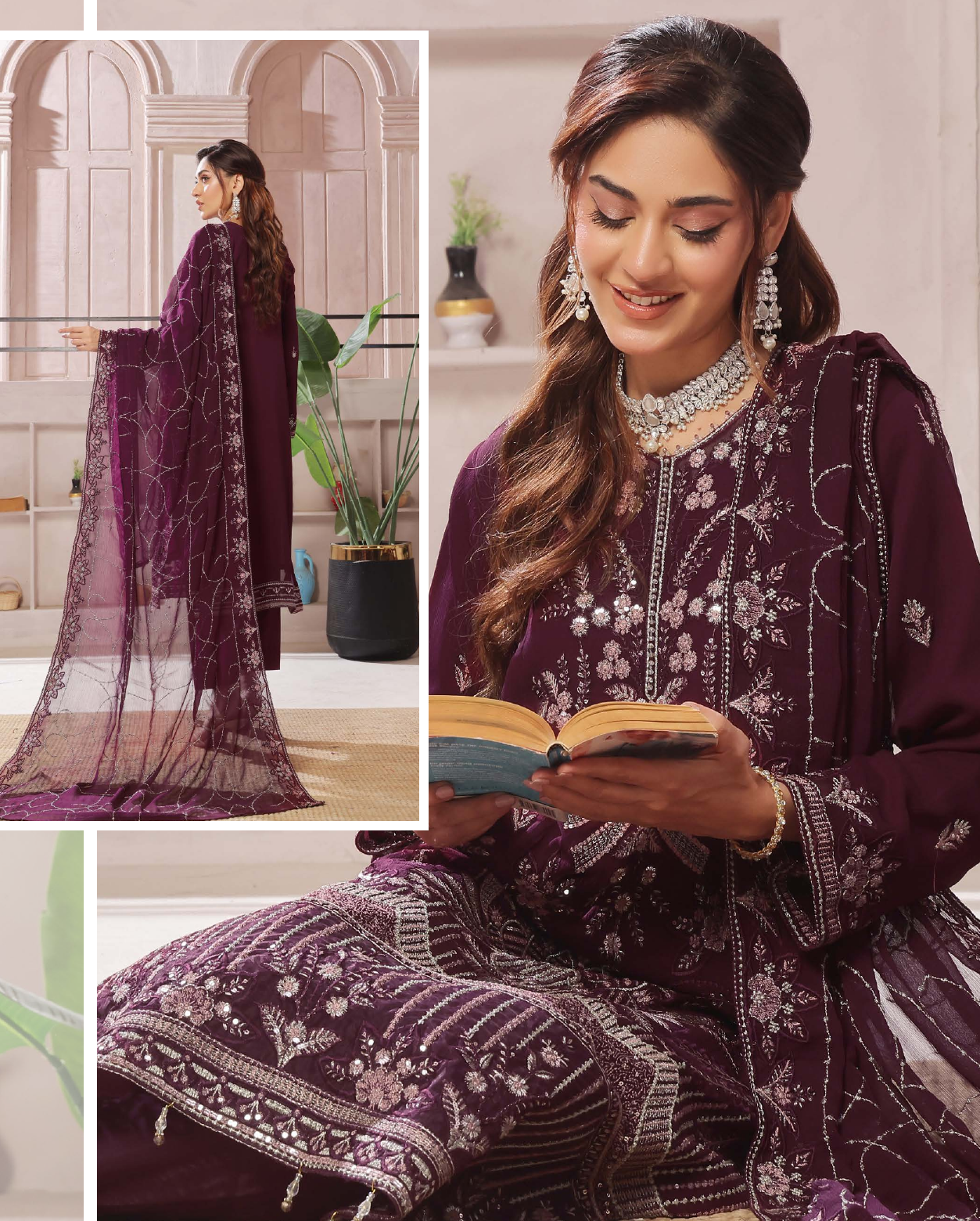 Pakistani Bin Hammeed Nimra Embroidered Chiffon Unstitched Three Piece – Royal Plum