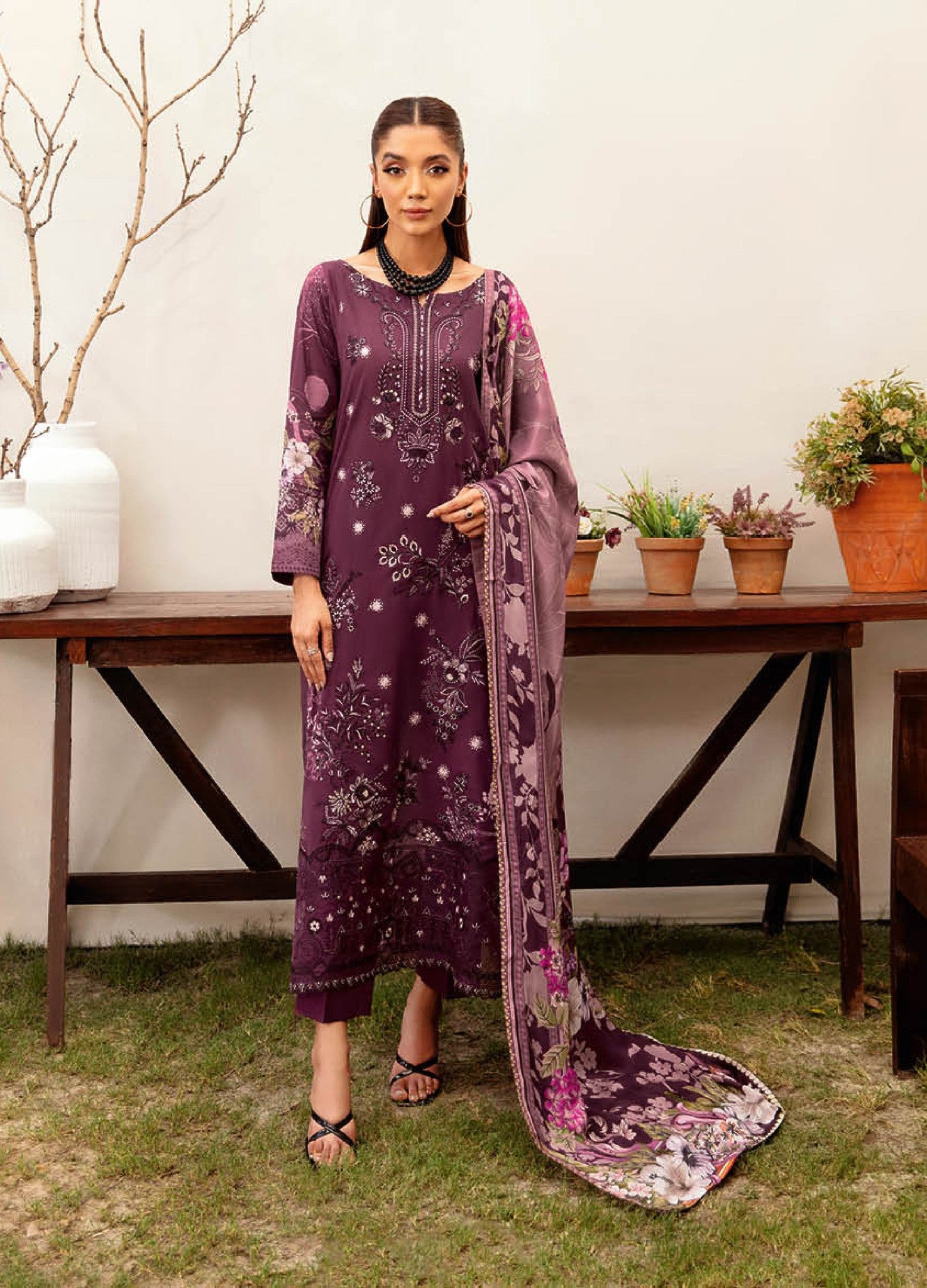Pakistani Ramsha Mashaal Embroidered Unstitched Three-Piece - Amethyst Bloom